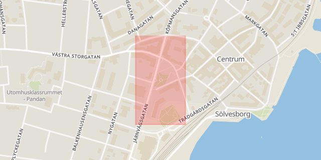 Karta som med röd fyrkant ramar in Hästtorget, Sölvesborg, Blekinge län