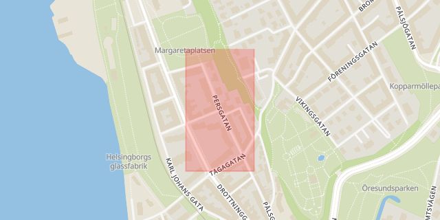 Karta som med röd fyrkant ramar in Persgatan, Kronborgsgatan, Drottninggatan, Helsingborg, Skåne län