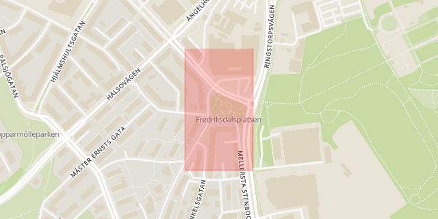 Karta som med röd fyrkant ramar in Fredriksdal, Helsingborg, Skåne län