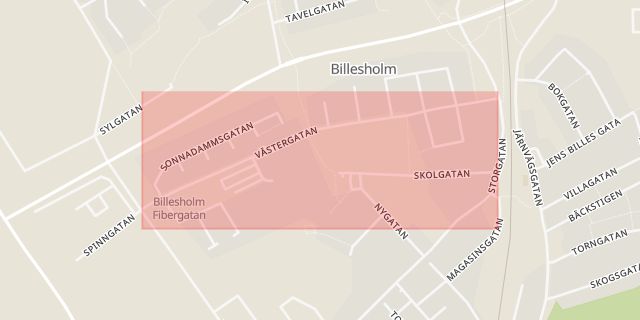 Karta som med röd fyrkant ramar in Västergatan, Billesholm, Bjuv, Skåne län