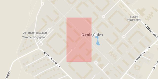 Karta som med röd fyrkant ramar in Gamlegården, Vemmenhögsgatan, Kristianstad, Skåne län