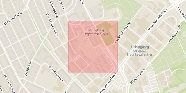 Karta som med röd fyrkant ramar in Rosenbergsgatan, Helsingborg, Skåne län