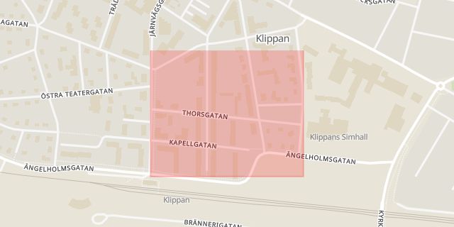 Karta som med röd fyrkant ramar in Thorsgatan, Klippan, Skåne län