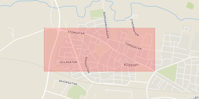 Karta som med röd fyrkant ramar in Storgatan, Klippan, Skåne län