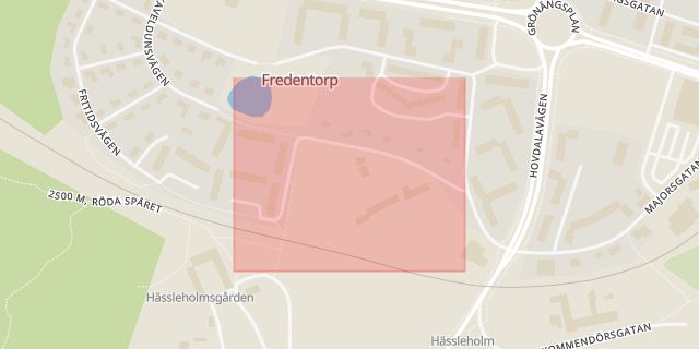 Karta som med röd fyrkant ramar in Sonetorpsgatan, Hässleholm, Skåne län