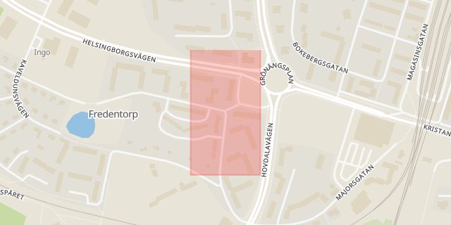 Karta som med röd fyrkant ramar in Fredentorp, Västerbogatan, Hässleholm, Skåne län