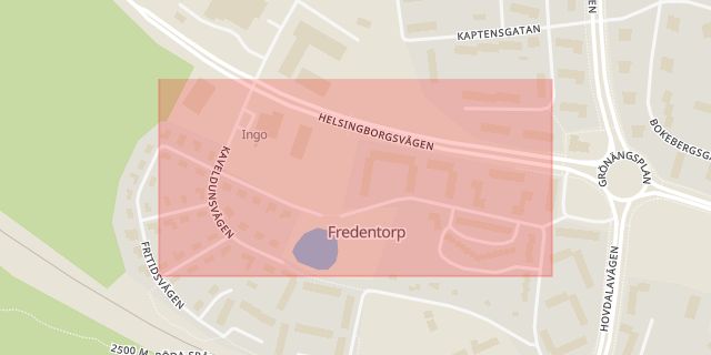 Karta som med röd fyrkant ramar in Fredentorpsgatan, Hässleholm, Skåne län