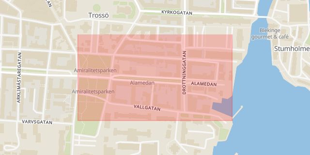 Karta som med röd fyrkant ramar in Trossö, Alamedan, Karlskrona, Blekinge län