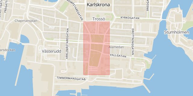 Karta som med röd fyrkant ramar in Amiralitetstorget, Karlskrona, Blekinge län