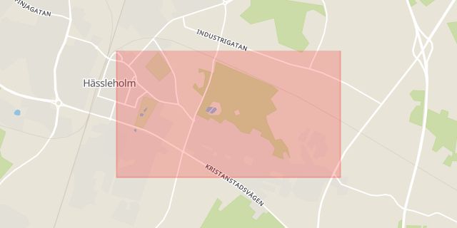 Karta som med röd fyrkant ramar in Röingegatan, Hässleholm, Skåne län