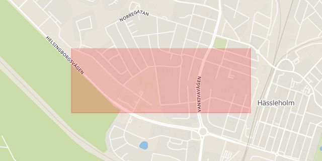 Karta som med röd fyrkant ramar in Kaptensgatan, Hässleholm, Skåne län