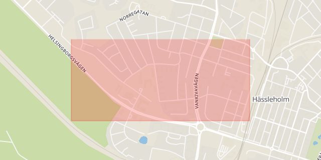 Karta som med röd fyrkant ramar in Kaptensgatan, Hässleholm, Skåne län
