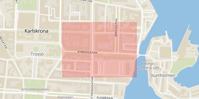 Karta som med röd fyrkant ramar in Drottninggatan, Kyrkogatan, Karlskrona, Blekinge län