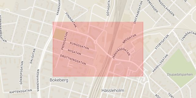 Karta som med röd fyrkant ramar in Viaduktgatan, Hässleholm, Skåne län