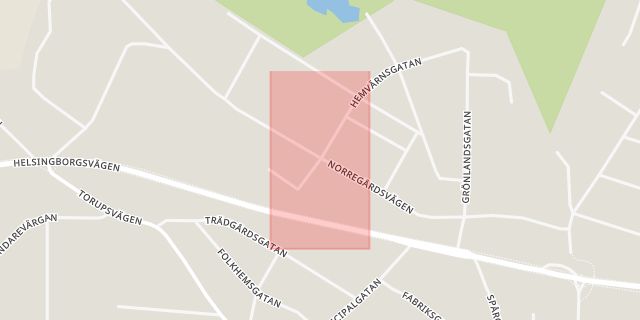 Karta som med röd fyrkant ramar in Hemvärnsgatan, Norregårdsvägen, Tyringe, Hässleholm, Skåne län