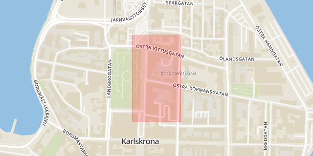 Karta som med röd fyrkant ramar in Folkets Hus, Karlskrona, Blekinge län