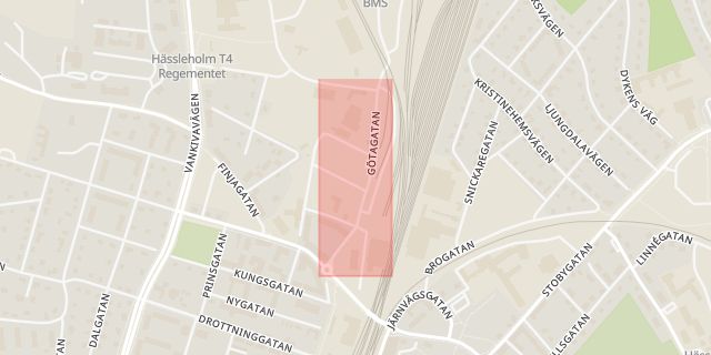 Karta som med röd fyrkant ramar in Götagatan, Hässleholm, Skåne län