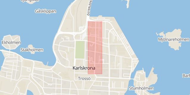 Karta som med röd fyrkant ramar in Norra Smedjegatan, Karlskrona, Blekinge län