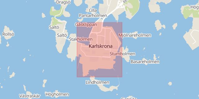 Karta som med röd fyrkant ramar in Trossö, Karlskrona, Blekinge län