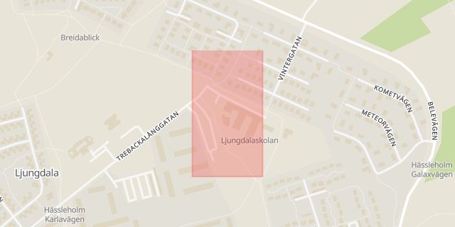 Karta som med röd fyrkant ramar in Ljungdala, Trebackalånggatan, Hässleholm, Skåne län