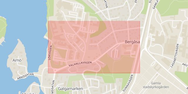 Karta som med röd fyrkant ramar in Valhallavägen, Karlskrona, Blekinge län