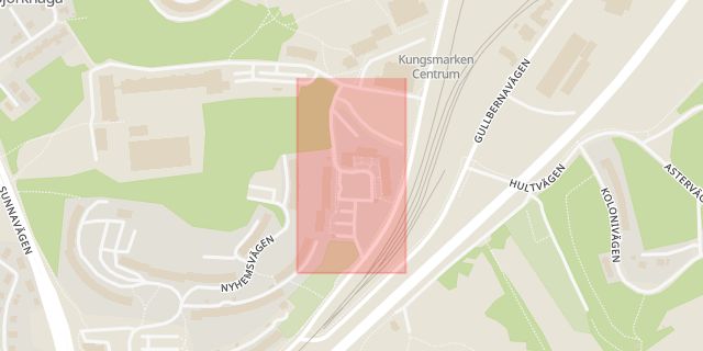 Karta som med röd fyrkant ramar in Kungsmarken, Gullabergsvägen, Karlskrona, Blekinge län