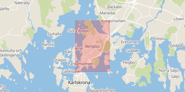 Karta som med röd fyrkant ramar in Sunnavägen, Karlskrona, Blekinge län
