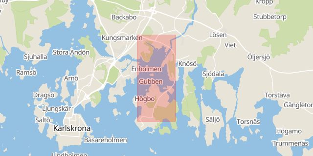 Karta som med röd fyrkant ramar in Vedeby, Verkövägen, Karlskrona, Blekinge län