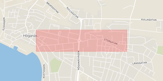 Karta som med röd fyrkant ramar in Storgatan, Höganäs, Skåne län