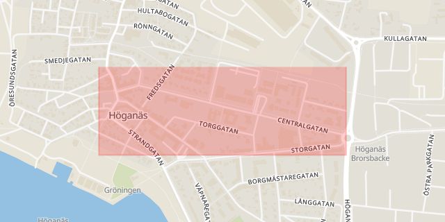 Karta som med röd fyrkant ramar in Centralgatan, Höganäs, Skåne län