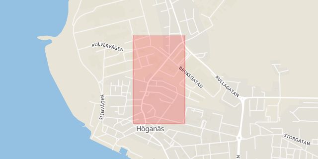 Karta som med röd fyrkant ramar in Bruksgatan, Höganäs, Skåne län