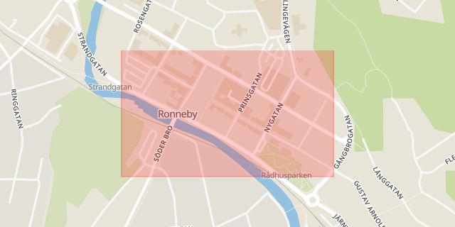 Karta som med röd fyrkant ramar in Karlskronagatan, Ronneby, Blekinge län