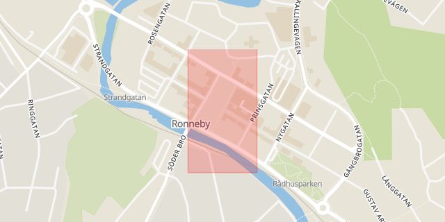 Karta som med röd fyrkant ramar in Östra Torggatan, Ronneby, Blekinge län