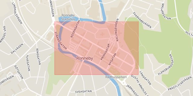 Karta som med röd fyrkant ramar in Kungsgatan, Ronneby, Blekinge län
