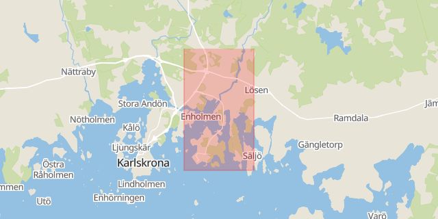 Karta som med röd fyrkant ramar in Lyckeby, Karlskrona, Blekinge län
