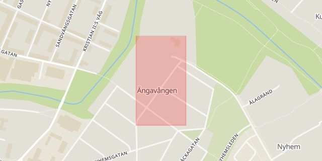 Karta som med röd fyrkant ramar in Ängavången, Ängavångsgatan, Ängelholm, Skåne län