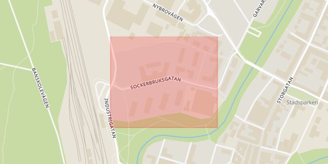 Karta som med röd fyrkant ramar in Sockerbruksgatan, Ängelholm, Skåne län