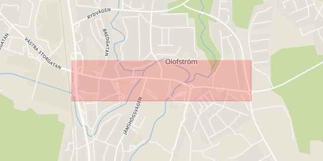 Karta som med röd fyrkant ramar in Östra Storgatan, Olofström, Blekinge län