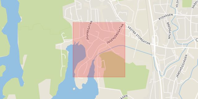 Karta som med röd fyrkant ramar in Ingenjörsgatan, Olofström, Blekinge län