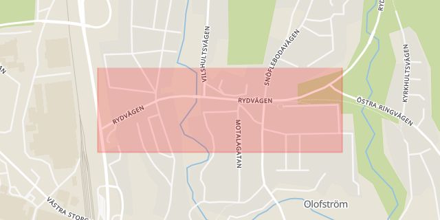 Karta som med röd fyrkant ramar in Nedre Brogatan, Brogatan, Rydvägen, Olofström, Blekinge län
