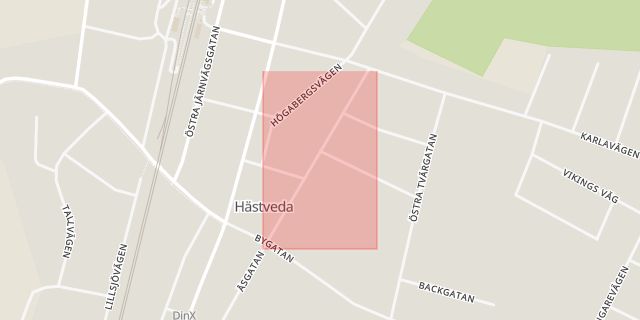 Karta som med röd fyrkant ramar in Hästveda, Östergatan, Hässleholm, Skåne län