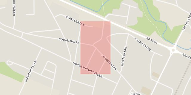 Karta som med röd fyrkant ramar in Smedjegatan, Göingegatan, Infartsgatan, Osby, Skåne län