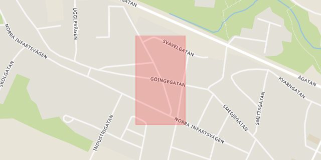 Karta som med röd fyrkant ramar in Sparvgatan, Göingegatan, Osby, Skåne län