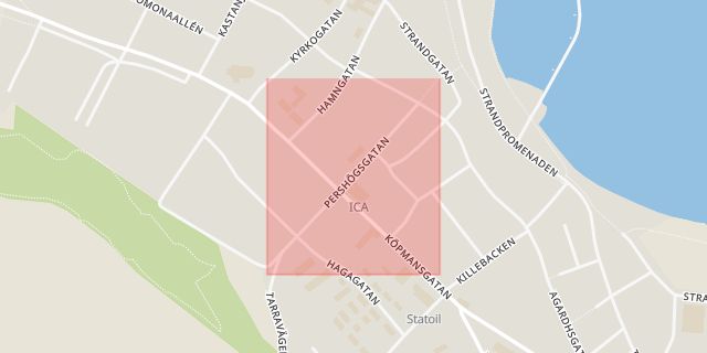 Karta som med röd fyrkant ramar in Pershögsgatan, Båstad, Skåne län