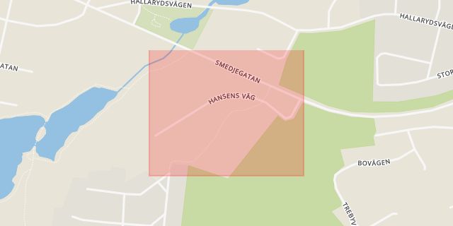 Karta som med röd fyrkant ramar in Hansens Väg, Markaryd, Kronobergs län
