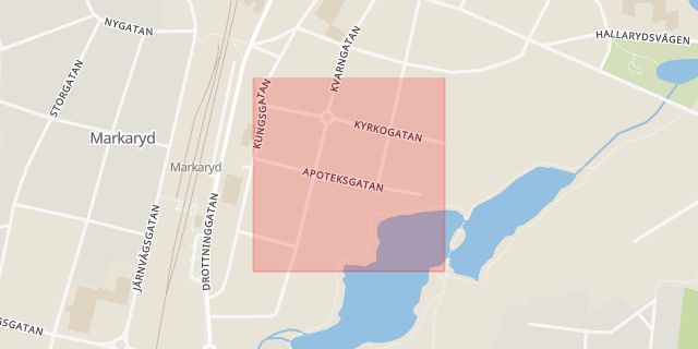 Karta som med röd fyrkant ramar in Apoteksgatan, Markaryd, Kronobergs län
