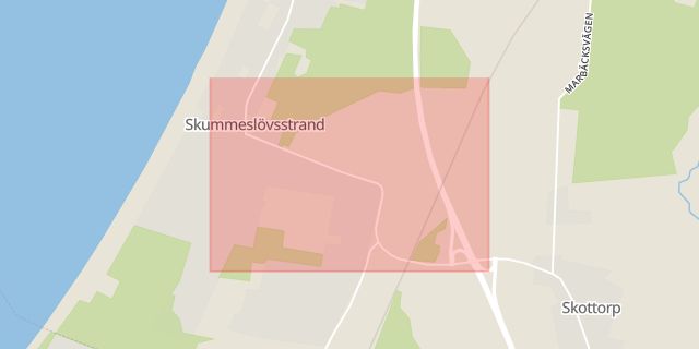 Karta som med röd fyrkant ramar in Skummeslövsstrand, Laholm, Hallands län