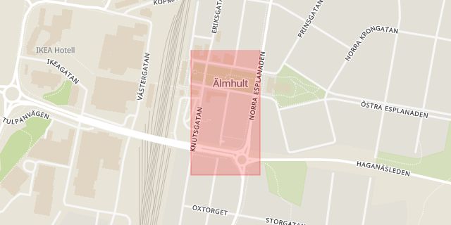 Karta som med röd fyrkant ramar in Älmhults Kommun, Älmhult, Kronobergs län