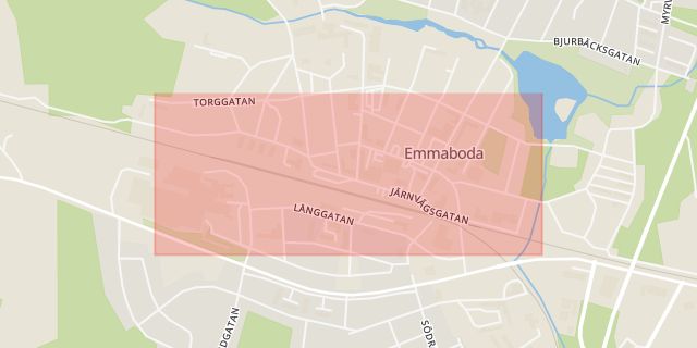Karta som med röd fyrkant ramar in Järnvägsgatan, Emmaboda, Kalmar län