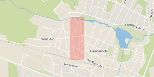 Karta som med röd fyrkant ramar in Rådhusgatan, Emmaboda, Kalmar län